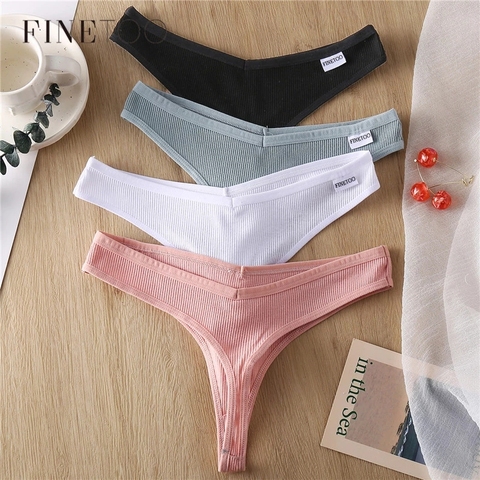 FINETOO-tangas de algodón para mujer, ropa interior Sexy con cintura en V, Tanga rayado, cómoda, M-XL ► Foto 1/6