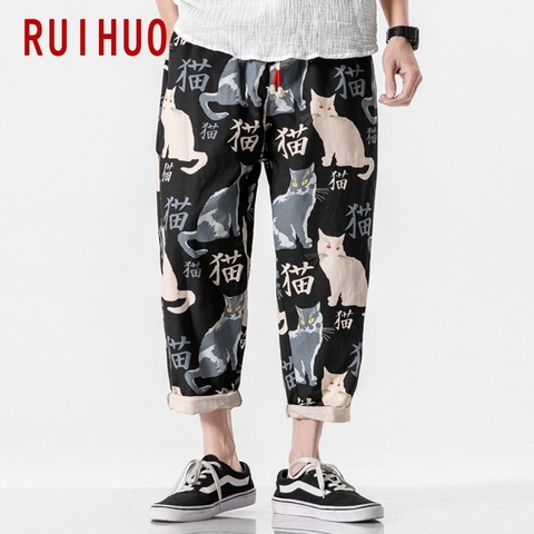 RUIHUO 2022 nuevo gato pantalones de estampado harén Pantalones Hombre Joggers pantalones casuales hombres tobillo longitud pantalones ropa informal estilo Hip Hop M-5XL ► Foto 1/6