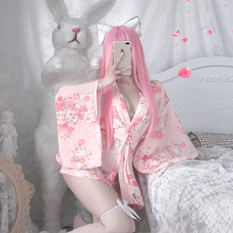 Sexy japonés Rosa Kawaii Kimono Lencería Cosplay traje de estilo tradicional de la tentación de trajes de pijama con cinturón Conjunto para las mujeres ► Foto 1/6