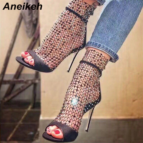 Aneikeh-Sandalias de gladiador con purpurina para mujer, zapatos sexys de malla de aire, tacón alto, Punta abierta, cremallera, tacones finos para fiesta, novedad de verano ► Foto 1/6