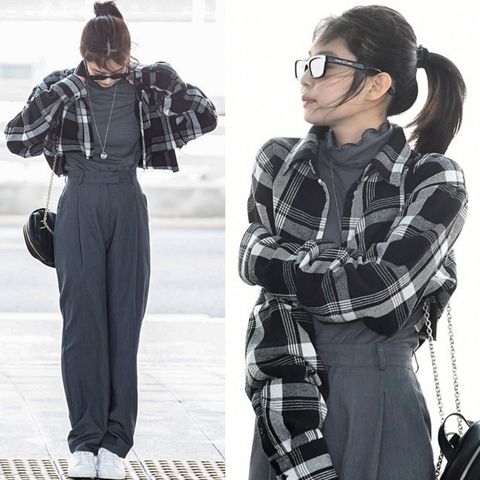 Kpop coreana celebridades retro cuadros solapa camisa corta + gris cuello de tortuga manga larga Camiseta pantalón holgado las mujeres de ► Foto 1/6