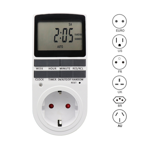 Temporizador digital electrónico, cronómetro programable de enchufe para UE, EE. UU., FR, BR, enchufe de cocina, temporizador de salida 230V, enchufe de cocina con salida de 230V, 110V, 7 días, 12/24 horas ► Foto 1/6