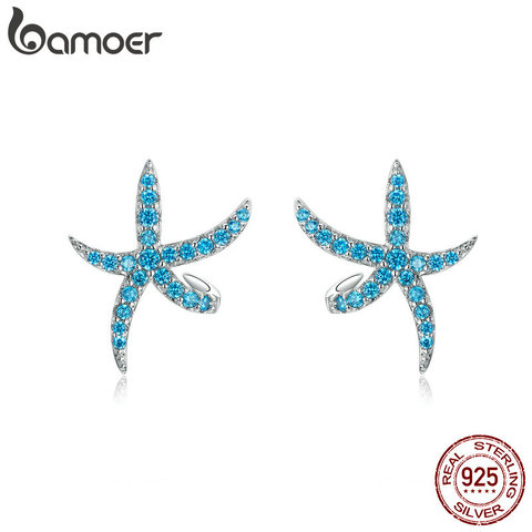 Bamoer-pendientes de tuerca de estrella de mar para mujer, de Plata de Ley 925 auténtica, aretes azules a la moda, joyas de diseño coreano BSE136 ► Foto 1/6