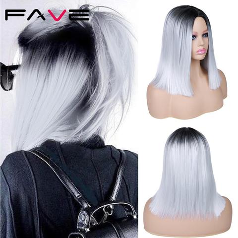 Fave-peluca sintética de fibra resistente al calor para mujer, pelo liso con ombré Bob negro y gris, longitud hasta el hombro, parte media, fiesta de Cosplay ► Foto 1/6