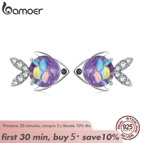 Bamoer pescado de plata Stud 100% pendientes de plata de ley 925 feliz Tropical poco pendiente de pez para las mujeres joyería de moda SCE1028 ► Foto 1/6