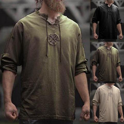 Camisa de talla grande para hombre, Top bordado vikingo antiguo con encaje y cuello en V, camiseta de manga larga para hombre ► Foto 1/6