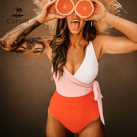 Cupshe-bañador de una pieza de color naranja y blanco para mujer, Monokini con cinturón con lazo de retazos, traje de baño para playa con cuello en V, 2022 ► Foto 1/6