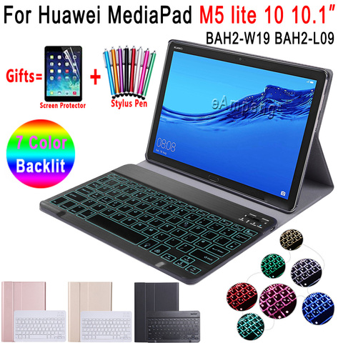 Funda con Teclado retroiluminado para Huawei Mediapad M5 Lite 10 10,1, Funda de cuero con teclado Bluetooth BAH2-W09 BAH2-L09 BAH2-W19 ► Foto 1/6