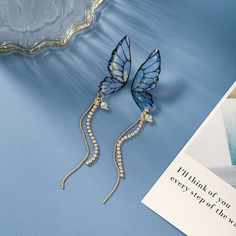 2022 nueva moda fina mariposa azul modelado dulce mujer pendientes joker largo borlas brillantes cristal senior gota pendientes ► Foto 1/6