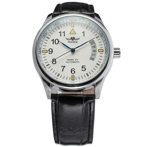 WINNER-reloj mecánico automático para hombre y mujer, con calendario, esfera blanca, carcasa plateada, correa de cuero negro ► Foto 1/6