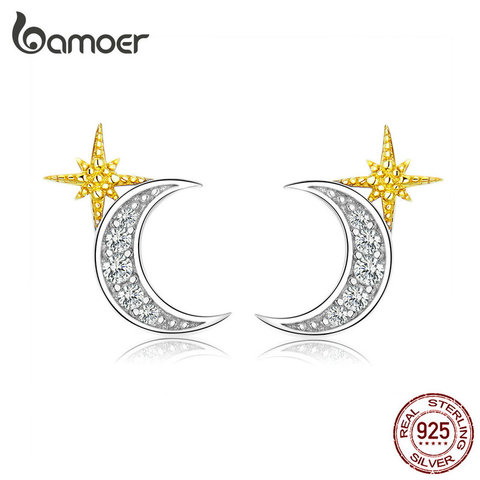 Bamoer-pendientes de estrella con perno y Luna para mujer, Plata de Ley 925 auténtica, joyería de lujo antialérgica, regalos para niña SCE729 ► Foto 1/6