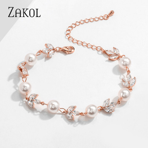 ZAKOL-pulsera de perlas de agua dulce y romántica para mujer, Circonia cúbica, boda, compromiso, fiesta, joyería de lujo FSBP2223 ► Foto 1/6