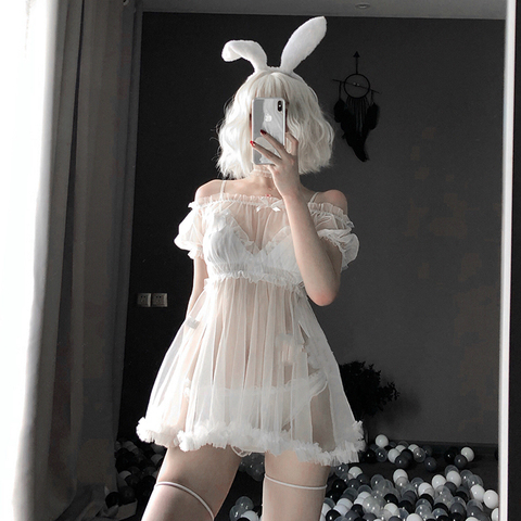 Lencería de encaje transparente, picardías de princesa, ropa de dormir, vestido de gasa Kawaii, Lolita, blanco y negro ► Foto 1/1