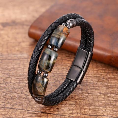 Pulseras de piedra de ojo de tigre para hombre, cuentas de piedra Natural geométricas, brazaletes de cuerda de cuero, accesorios de joyería 2022 ► Foto 1/6