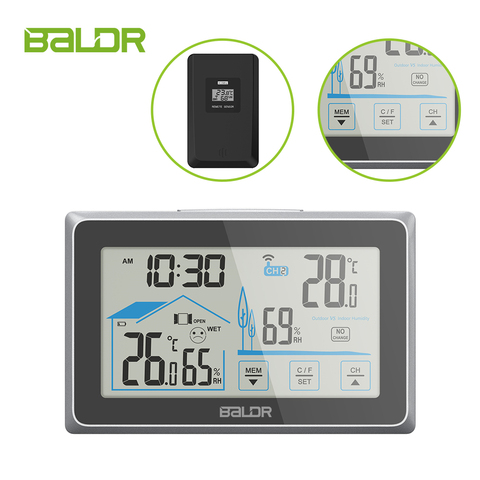 Baldr Touch-estación meteorológica para interiores y exteriores, Sensor de pronóstico de 100m, termómetro, higrómetro, calendario, 3 canales, retroiluminación ► Foto 1/6