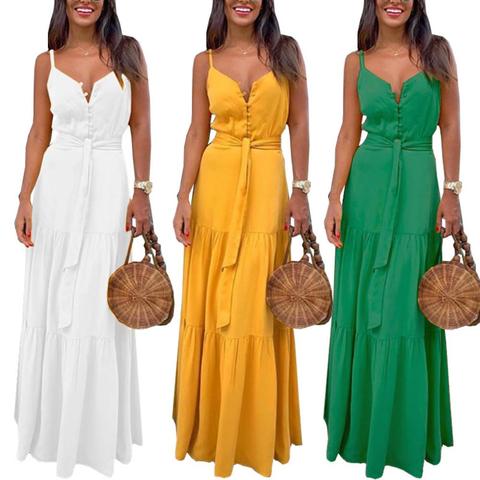 2022 Sexy mujeres Maxi vestido suelto vestidos sin mangas con cuello en V de verano playa Bohemia, mujeres sin mangas de cuello en V con cinturón vestido Maxi ► Foto 1/6