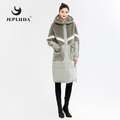 JEPLUDA-100% de oso de peluche a la moda para mujer, abrigo de piel auténtica de mezcla de lana Natural, capucha de invierno combinada con chaqueta de piel Real de plumas ► Foto 1/6