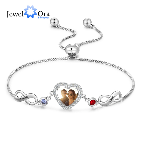 JewelOra-pulsera con foto personalizada para mujer, brazalete con 2 piedras de nacimiento, cadena ajustable grabada con nombre infinito ► Foto 1/6