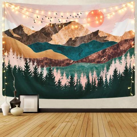 Psicodélico bosque Sol y montaña tapiz colgante de pared de hogar, dormitorio Fondo decoración arte tapiz WallCarpet Hippie tela de tapiz ► Foto 1/5