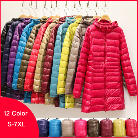 Chaquetas de pato con capucha para mujer, abrigo de invierno de talla grande, ultraligero, con capucha, Parkas portátiles, Abrigo acolchado de plumas largas, 6XL 7XL ► Foto 1/6