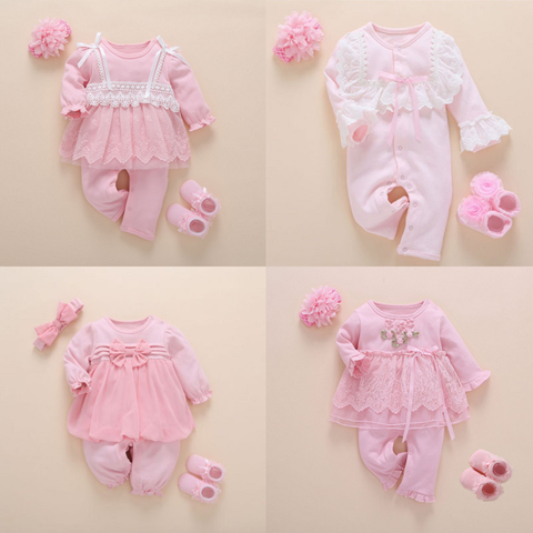 Ropa de encaje de algodón para niña recién nacida, Mono de Estilo Princesa para bebé de 0 a 3 meses, pelele infantil con calcetines, diadema, ropa para bebé ► Foto 1/6