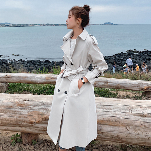 Gabardina de doble botonadura para mujer, abrigo largo ajustado con cinturón, capa de plumero para mujer, prendas de vestir exteriores, ropa de primavera otoño ► Foto 1/6