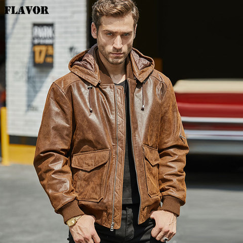 Chaqueta de cuero marrón para hombre, chaqueta de piel auténtica con capucha extraíble, de cuero cálida, nueva ► Foto 1/6