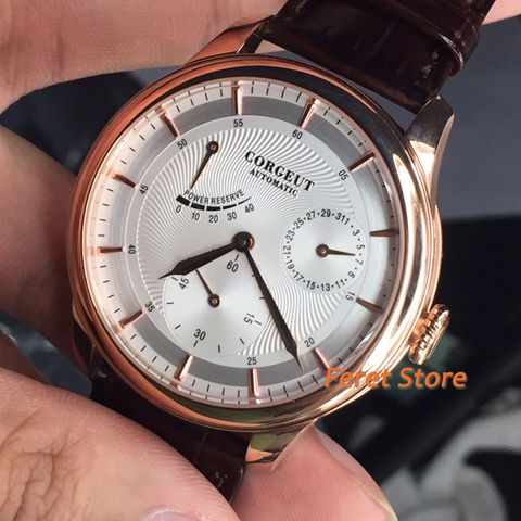 Corgeut-reloj mecánico de 40mm para hombre, con carcasa de oro rosa, esfera blanca, fecha, correa de cuero marrón, reloj automático de reserva de energía ► Foto 1/6