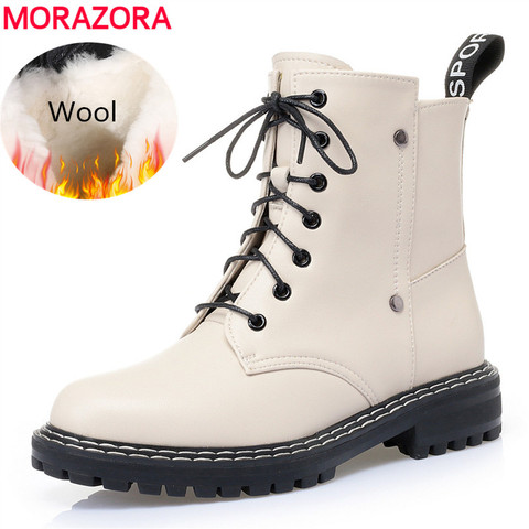 MORAZORA de talla grande 35-43 caliente Botas de tobillo de la naturaleza de nieve cálida lana Botas de encaje de las mujeres Botas de motocicleta mujeres invierno Botas Mujer ► Foto 1/6