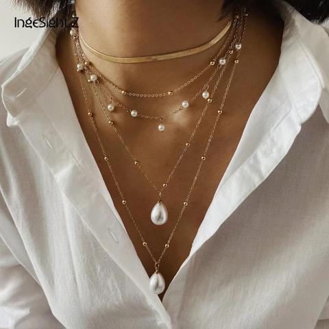 IngeSight.Z-Collar multicapa con perlas colgantes, gargantilla con cadenas, con perlas de imitación, de estilo bohemio, para mujeres ► Foto 1/6