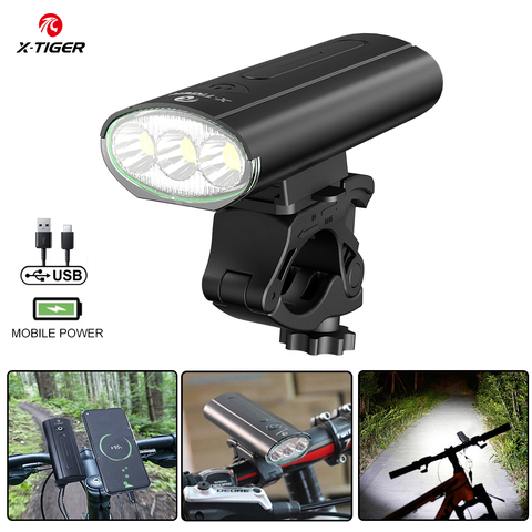 Luz LED X-TIGER para bicicleta, linterna frontal a prueba de lluvia, recargable vía USB, 1500 LM, como banco de energía, luz trasera ► Foto 1/6