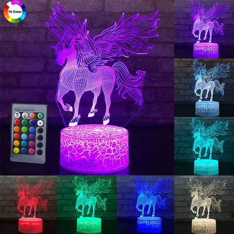 Lámpara de escritorio con forma de unicornio para niños, luz de noche LED 3D de mesa con Control remoto o táctil de 3W, decoración navideña para el hogar, regalos encantadores para niños D23 ► Foto 1/6