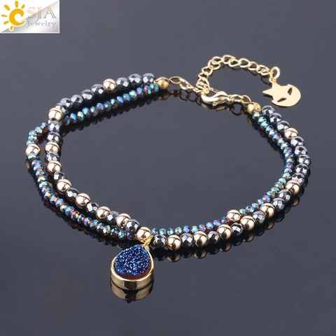 CSJA-Pulseras de piedra Natural para mujer, Pulsera de cristal Druzy, cuentas de 2 hebras, hematita, joyería S235 ► Foto 1/6