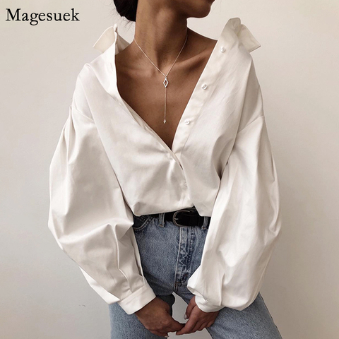 Vintage Casual Sexy botón blanco las mujeres blusa manga linterna de talla grande suelto de las mujeres Camisa de algodón de las señoras de la Oficina Tops 10903 ► Foto 1/6