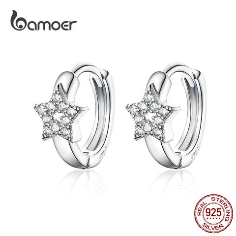 Bamoer-pendientes de aro de Plata de Ley 925 con estrella de gato, aros para los oídos pequeños, redondos, 3 estilos, joyería para niña, BSE172 ► Foto 1/6