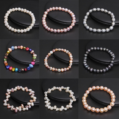 Brazaletes de perlas naturales reales, pulsera barroca de perlas de agua dulce, cadena elástica con cuentas para hombres y mujeres, joyería fina, regalos de boda ► Foto 1/6