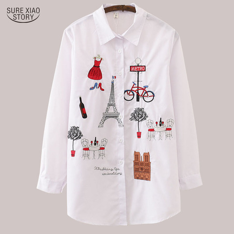 Blanco nuevo blusa de las mujeres 2022 de manga larga de algodón bordado blusa Casual dama diseño de botones Turn Down Collar mujer camisa 5083 ► Foto 1/6