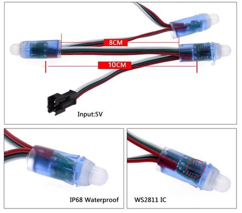 50 Uds. Módulo de luz LED de 4 m/6,5 metros DC5V WS2811 a todo Color 12mm 10 cm/15 cm cables IP68 a prueba de agua RGB tiras led digitales ► Foto 1/6