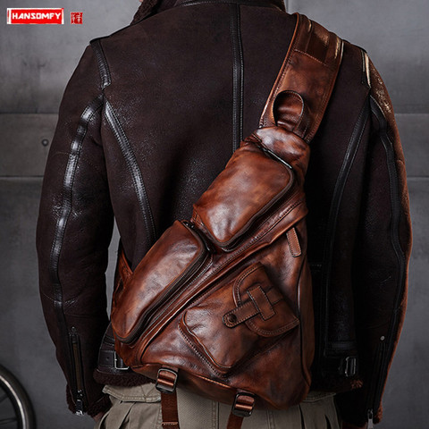 Bolso de pecho triangular de cuero para hombre, bolsa de hombro Retro para hombre, B6, paracaidistas, Vintage, de gran capacidad, de cuero suave, informal ► Foto 1/6