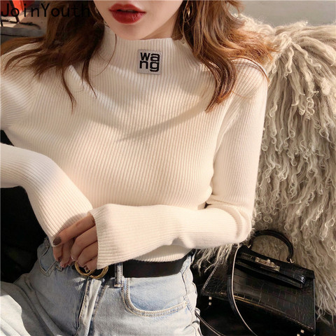 JoinYouth-Suéteres de cuello medio alto para mujeres, jersey ajustado con apliques sólidos, de moda, para otoño e invierno, J261, nuevo de 2022 ► Foto 1/5