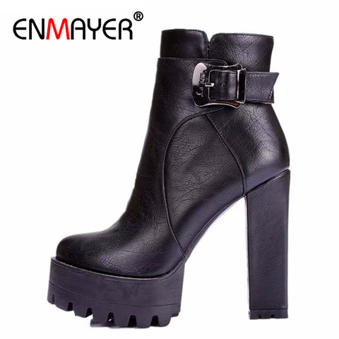 Enmeyer-Botas de invierno para mujer con hebilla, punta redonda, tacón alto cuadrado, plataforma, talla grande 34-42 ► Foto 1/6