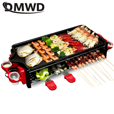 DMWD-parrilla eléctrica de acero inoxidable antiadherente para uso en interiores, parrilla para barbacoa familiar, con superficie acanalada, 1200w ► Foto 1/2