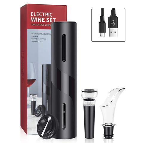 Abridor de botellas de vino eléctrico 4 en 1, sacacorchos automático recargable por USB, cortador de aluminio, tapón al vacío, aireador, juego de vertedor ► Foto 1/6