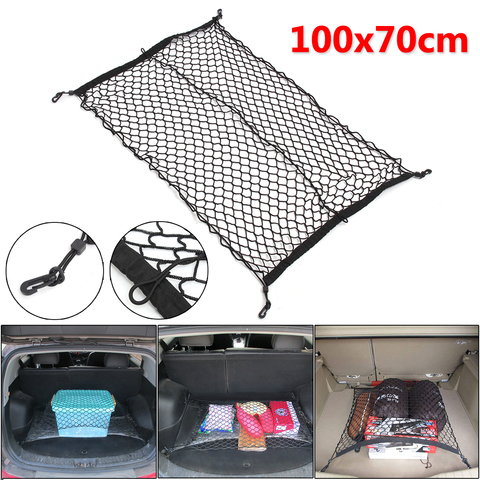 100x70cm Universal Negro Nylon Red de maletero de coche equipaje bolsa organizadora para almacenamiento red de malla trasera con 4 ganchos red de carga ► Foto 1/6