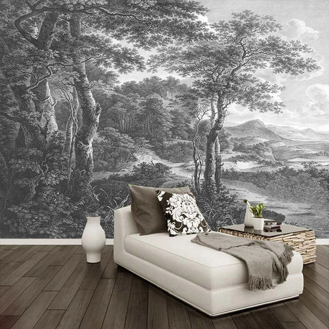 Papel tapiz pintado a mano con foto personalizada, Mural De bosque con árboles para sala De estar, TV, sofá, dormitorio, Fresco, negro y blanco ► Foto 1/6