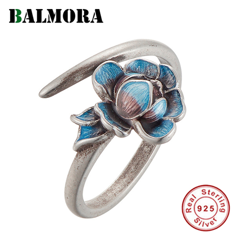 BALMORA-Anillos de boda de apilamiento abierto de loto Retro para mujer, de Plata de Ley 925, joyería de moda elegante esmaltada para fiesta ► Foto 1/6