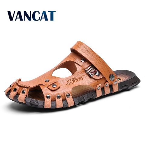 Nuevo verano de los hombres sandalias de cuero transpirable hombres playa Flip Flop de los hombres de la marca zapatos casuales cómodos zapatos de deslizamiento en los zapatos de los hombres tamaño 38-47 38-47 38-47 ► Foto 1/6