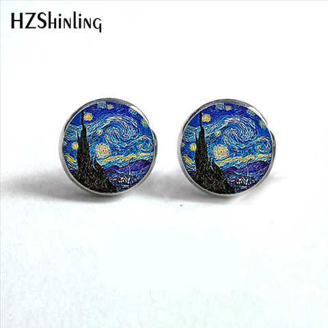 NES-001 Van Gogh-pendientes con forma de cúpula de vidrio para joyería, pendientes de tuerca con diseño de noche estrellada, con girasoles de Van Gogh, redondos, HZ4 ► Foto 1/6