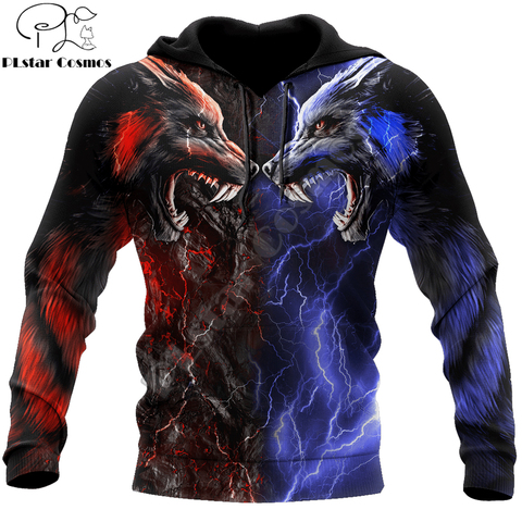 Sudadera con capucha de lobo en 3D para hombre y mujer, ropa de calle masculina de lujo, jersey de chándal informal con cremallera, color rojo y azul, completamente estampado, KJ0270 ► Foto 1/6