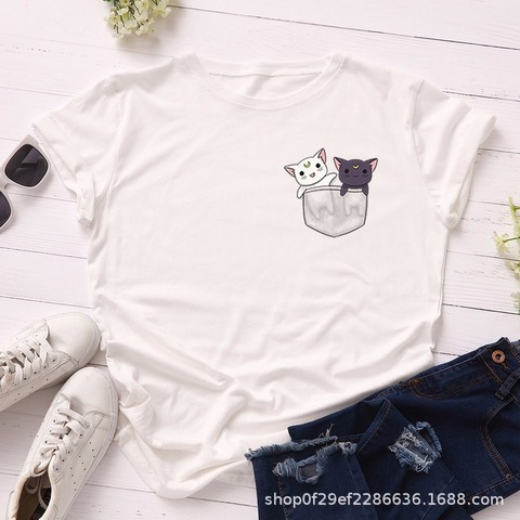 Camiseta de mujer de verano de algodón de manga corta de talla grande S-5XL lindo bolsillo estampado de gatos divertido Casual O cuello mujer camiseta top ► Foto 1/6